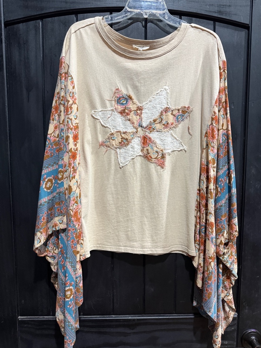 Cream Boho Patchwork Star Bell-Sleeve Top